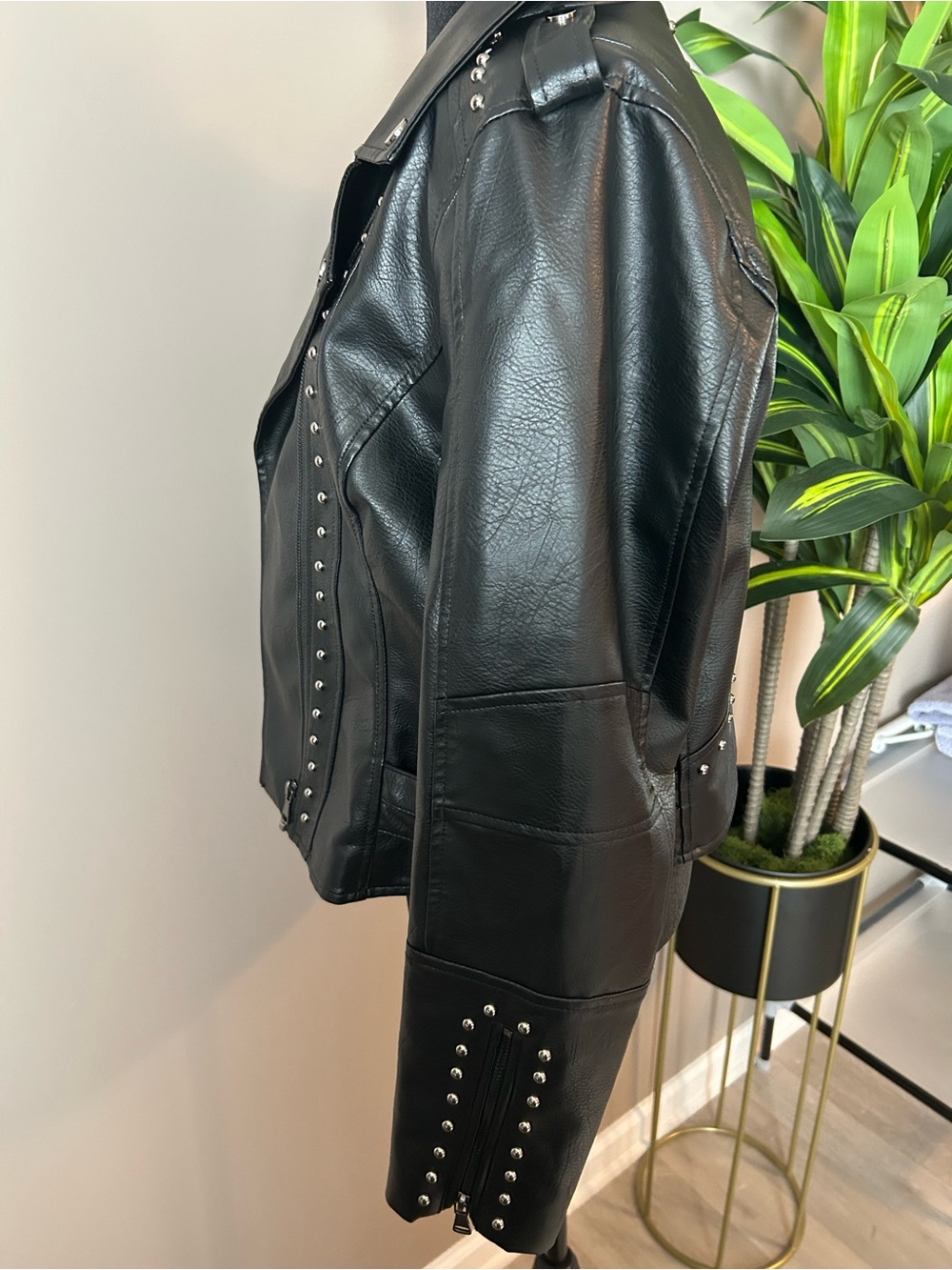 Black Stud-Trim Faux Leather Moto Jacket - Women